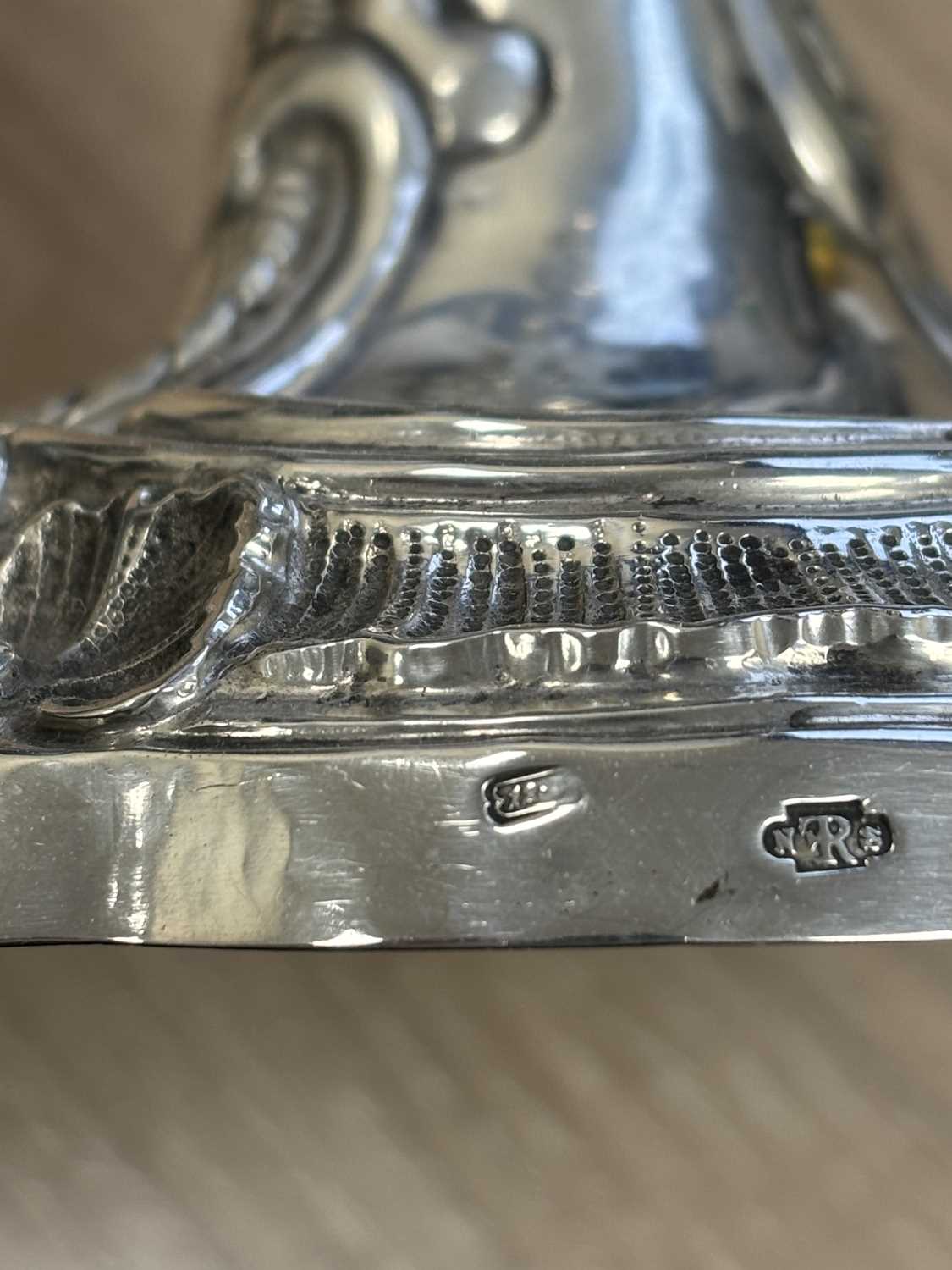 A PAIR OF 18TH CENTURY GERMAN SILVER THREE-LIGHT CANDELABRA - Image 13 of 15