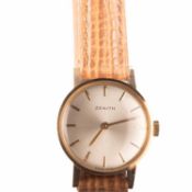 A LADY'S 9CT GOLD ZENITH STRAP WATCH