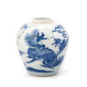 A CHINESE BLUE AND WHITE 'KYLIN' GINGER JAR, SHUNZHI PERIOD, 17TH CENTURY