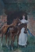 JOHN BEER (C.1860-1930) A LADY AND TWO FOALS