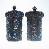 A PAIR OF CHINESE SILVER-GILT, FILIGREE AND ENAMEL TEA CADDIES