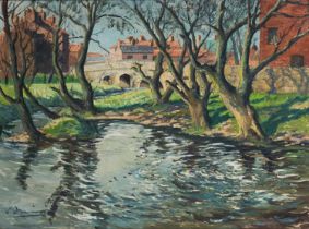 STEPHEN DENISON (20TH CENTURY) RIVER LANDSCAPE TOWARD A TOWN, YORKSHIRE