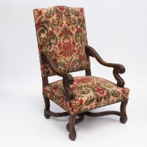 AN 18TH CENTURY STYLE OAK AND UPHOLSTERED ARMCHAIR