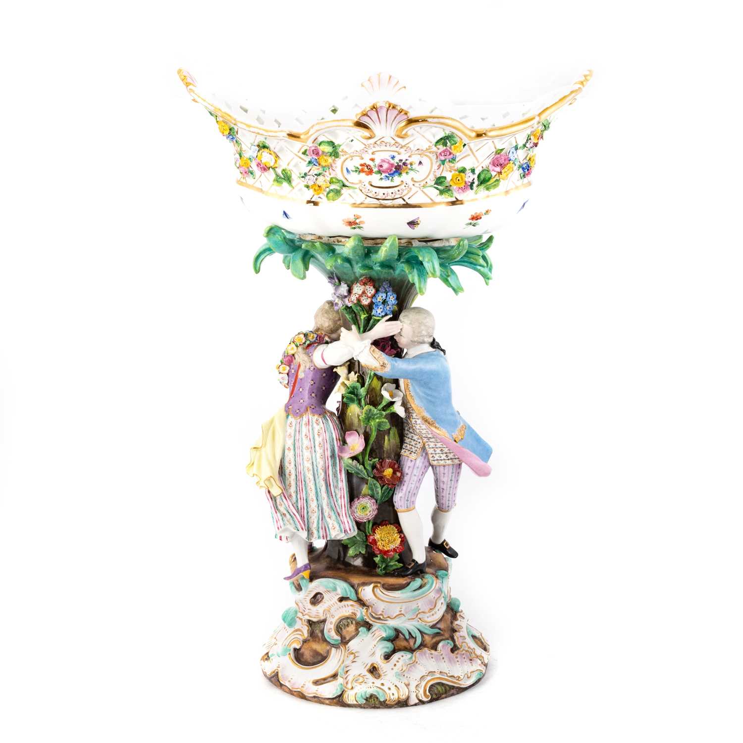 A LARGE MEISSEN FLOWER-ENCRUSTED FIGURAL CENTREPIECE, CIRCA 1870