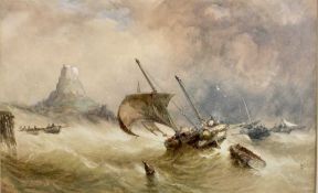 ALFRED HERBERT (1818-1861) SHIPS IN A STORM OFF THE COAST AT LINDISFARNE CASTLE