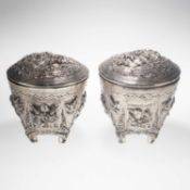 A LARGE PAIR OF THAI SILVER BETEL BOXES