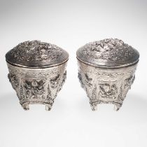 A LARGE PAIR OF THAI SILVER BETEL BOXES