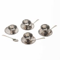 A COLLECTION OF GEORGE I MINIATURE SILVER CUPS, SAUCERS AND SPOONS, PROBABLY BY DAVID CLAYTON