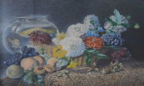 MARY ELIZABETH DUFFIELD R.I. (1819-1914) STILL LIFE WITH FLOWERS, FRUIT AND A FISH BOWL