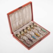 A CASED SET OF SIX DANISH SILVER-GILT AND ENAMEL COFFEE SPOONS