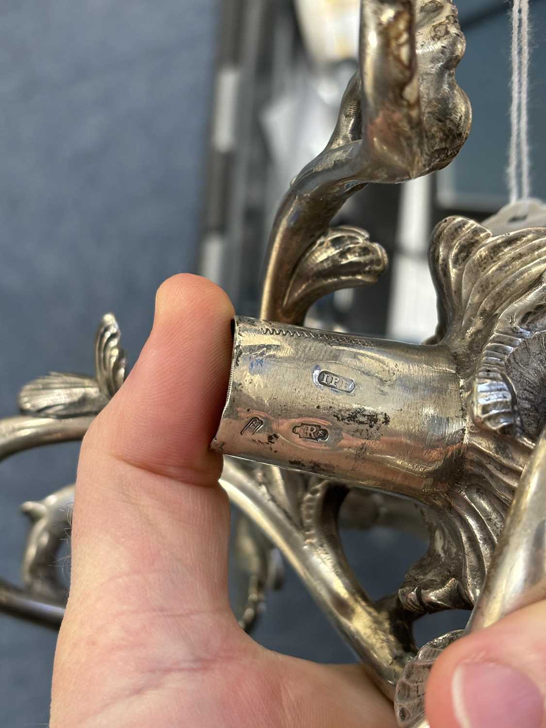 A PAIR OF 18TH CENTURY GERMAN SILVER THREE-LIGHT CANDELABRA - Image 12 of 15