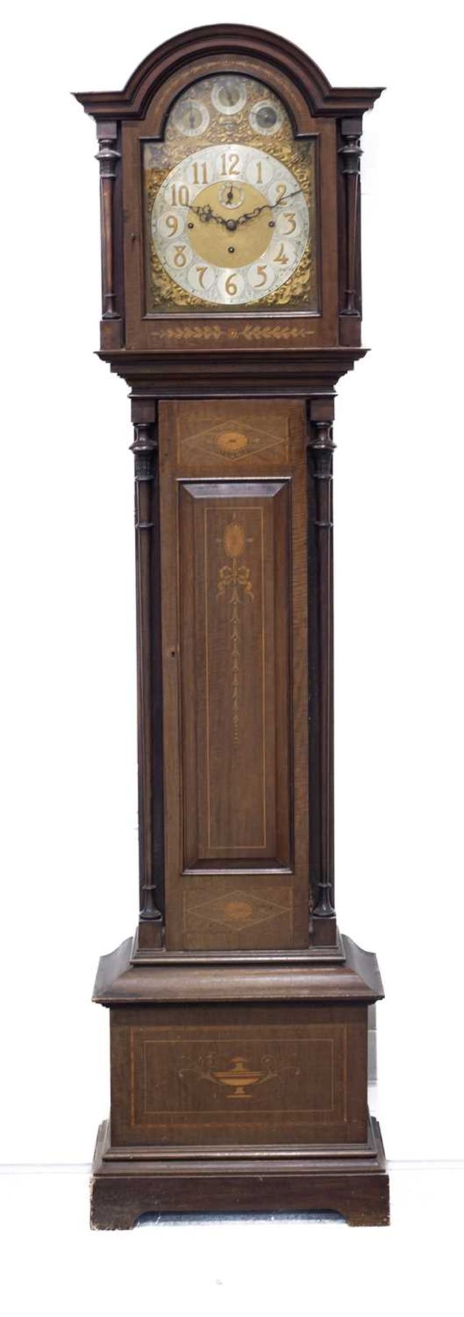 AN EDWARDIAN INLAID MAHOGANY MUSICAL LONGCASE CLOCK