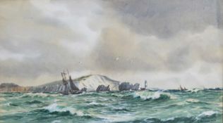 FREDERICK R. FITZGERALD (1869-1944) SHIPS OFF THE COAST, LIGHTHOUSE IN DISTANCE