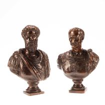 A PAIR OF BRONZE BUSTS OF JULIUS CAESAR AND MARCUS AURELIUS