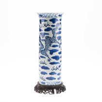 A CHINESE BLUE AND WHITE SLEEVE VASE ON STAND, KANGXI PERIOD