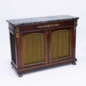A FRENCH MARBLE-TOPPED, GILT-METAL MOUNTED AND MAHOGANY SIDE CABINET