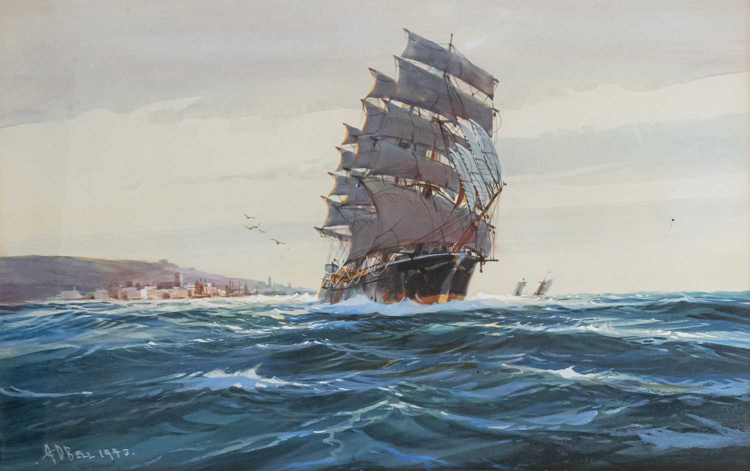 WILFRED KNOX (1884-1966) OFF WHITBY, TALL SHIP OFF THE COAST