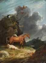 GEORGE ARNALD ARA (1763-1841) HORSES AND A COW IN A STORMY LANDSCAPE
