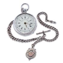 A CONTINENTAL SILVER CHRONOGRAPH POCKET WATCH AND DOUBLE ALBERT