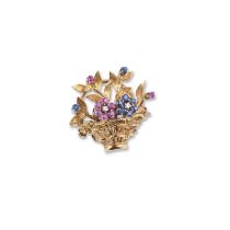 AN 18 CARAT GOLD DIAMOND, RUBY AND SAPPHIRE BASKET BROOCH