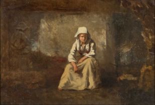 19TH CENTURY EUROPEAN SCHOOL MAID SEATED IN AN INTERIOR