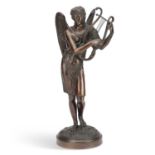 A LATE 19TH CENTURY FRENCH SCHOOL, A BRONZE FIGURE OF AN ANGEL PLAYING THE HARP