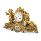 A 19TH CENTURY FRENCH PORCELAIN-MOUNTED GILT-METAL MANTEL CLOCK