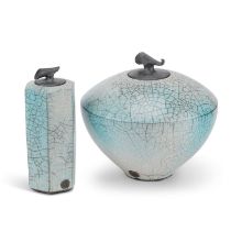 TIM ANDREWS (BORN 1960), TWO RAKU LIDDED VESSELS