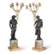 A PAIR OF EMPIRE STYLE BRONZE FIGURAL CANDELABRA