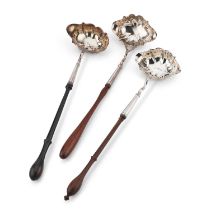 THREE GEORGE II SILVER TODDY LADLES