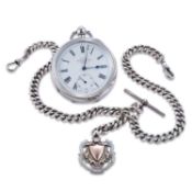 A SILVER OPEN FACED POCKET WATCH AND DOUBLE ALBERT CHAIN