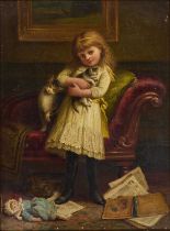 19TH CENTURY ENGLISH SCHOOL GIRL WITH CAT, KITTEN AND DOLL