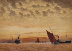 HERBERT C. AHIER (1888-1976) SUNSET, YACHTS AND SHIPPING NEAR AN ESTUARY