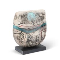 PETER HAYES (BORN 1946), RAKU BOW WITH DISC AND BLUE WAVE