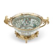 A GILT-METAL MOUNTED CHINESE 'CANTON' OVAL PUNCH BOWL