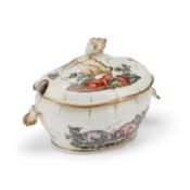 A WORCESTER FABLE-DECORATED SAUCE TUREEN AND COVER, CIRCA 1780