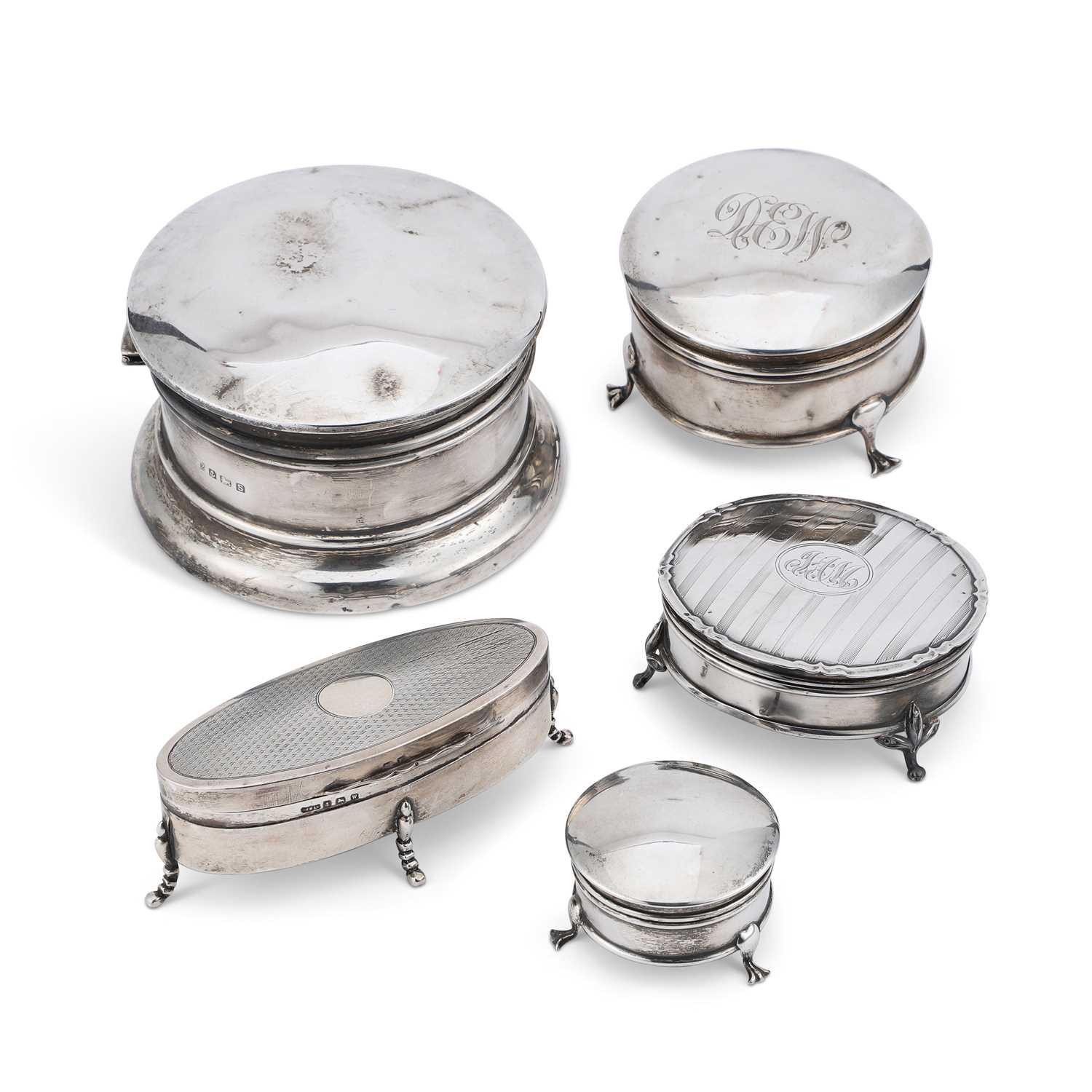 FIVE EARLY 20TH CENTURY SILVER DRESSING TABLE BOXES