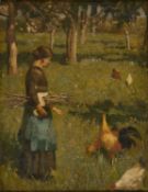 CIRCLE OF SIR JAMES GUTHRIE PRSA (SCOTTISH 1859-1930) LADY WITH CHICKENS IN AN ORCHARD