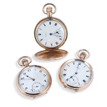 TWO WALTHAM GOLD-PLATED POCKET WATCHES AND ANOTHER GOLD-PLATED POCKET WATCH