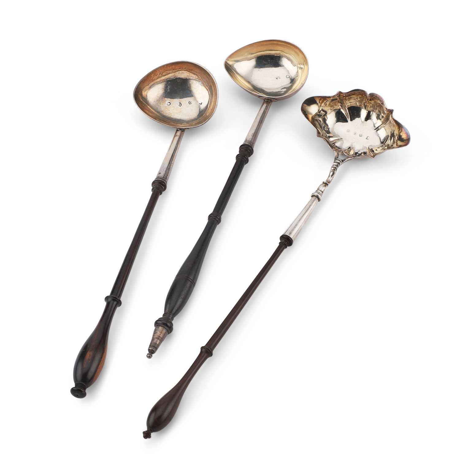 THREE GEORGE II SILVER TODDY LADLES