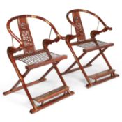 A PAIR OF CHINESE BRASS-MOUNTED HARDWOOD FOLDING CHAIRS