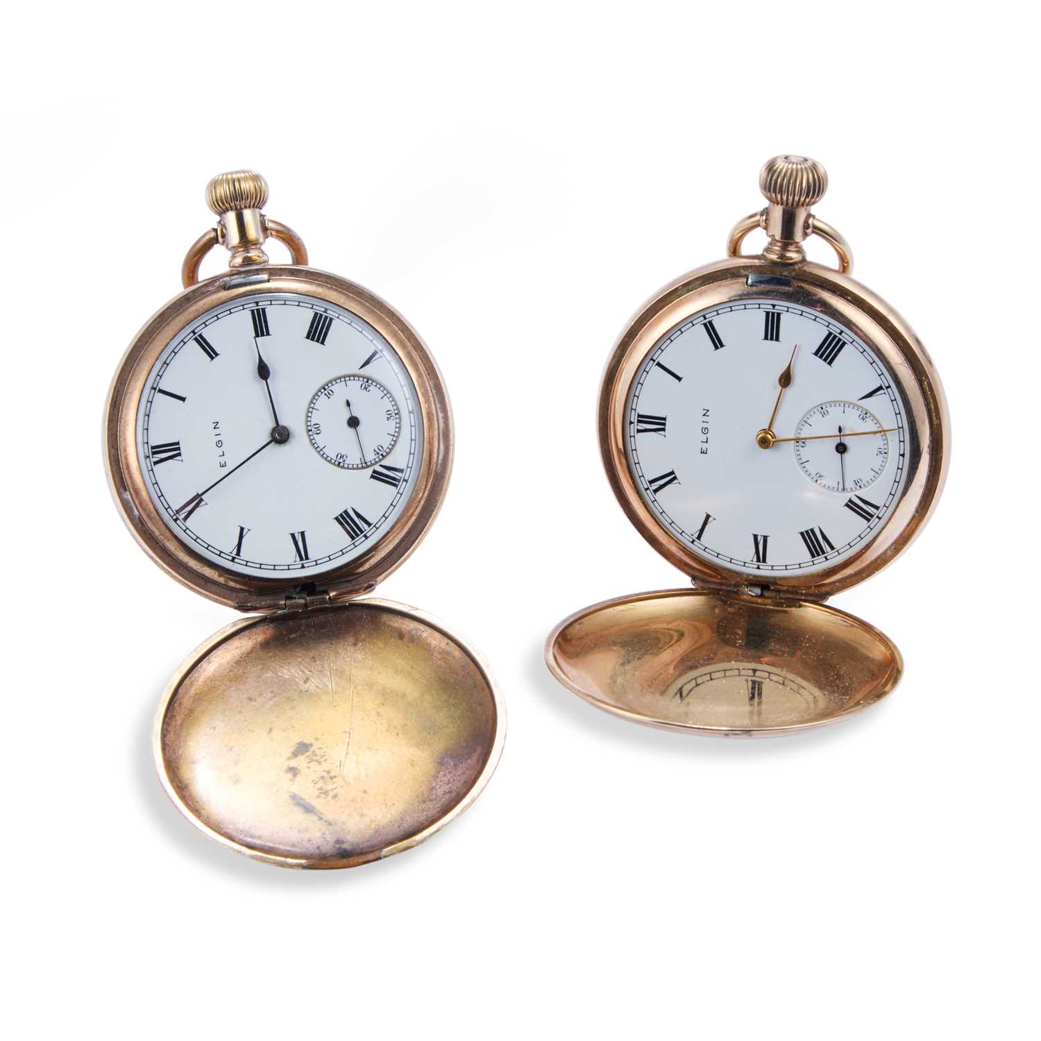 TWO ELGIN GOLD PLATED FULL HUNTER POCKET WATCHES