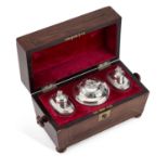 A GEORGE II SILVER TEA CADDY SET WITH A FITTED BOX