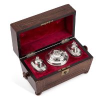 A GEORGE II SILVER TEA CADDY SET WITH A FITTED BOX