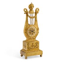 A 19TH CENTURY FRENCH ORMOLU LYRE MANTEL CLOCK