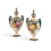 A PAIR OF ROYAL WORCESTER HADLEY WARE VASES AND COVERS, DATED 1905