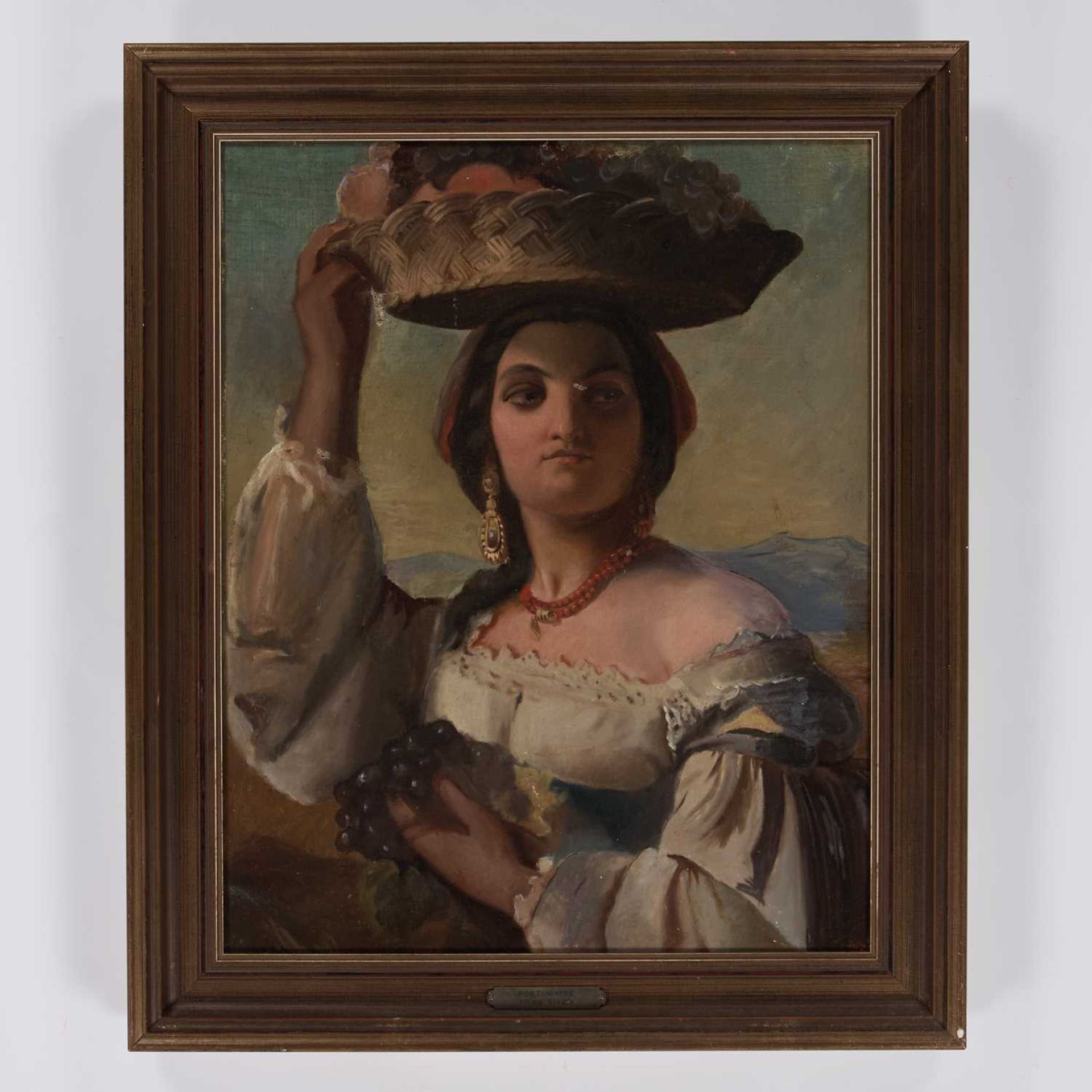 LATE 19TH CENTURY PORTUGUESE SCHOOL PORTRAIT OF A LADY WITH A BASKET OF FRUIT - Image 2 of 3