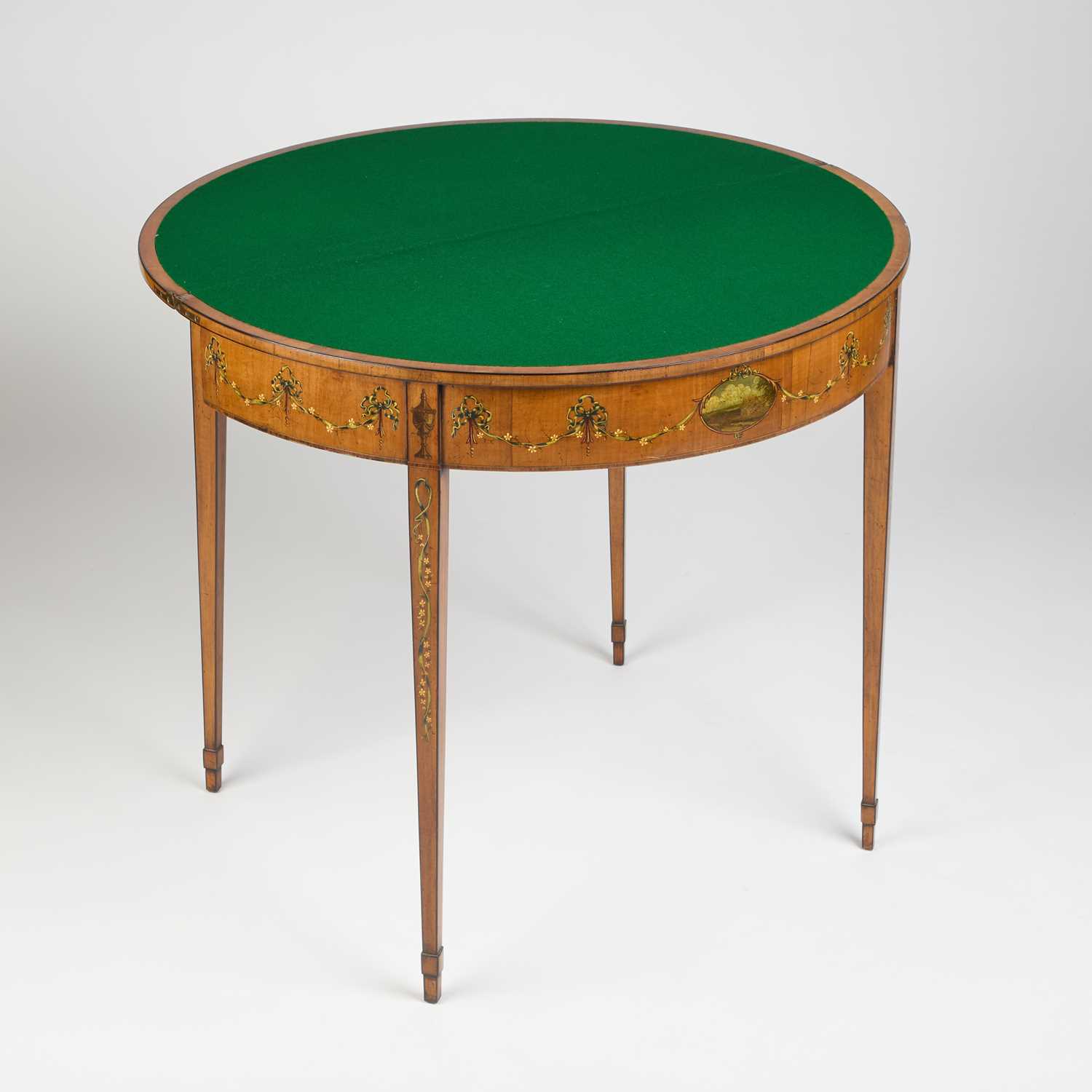 A PAIR OF 19TH CENTURY SHERATON REVIVAL PAINTED AND ROSEWOOD BANDED SATINWOOD CARD TABLES - Image 2 of 2
