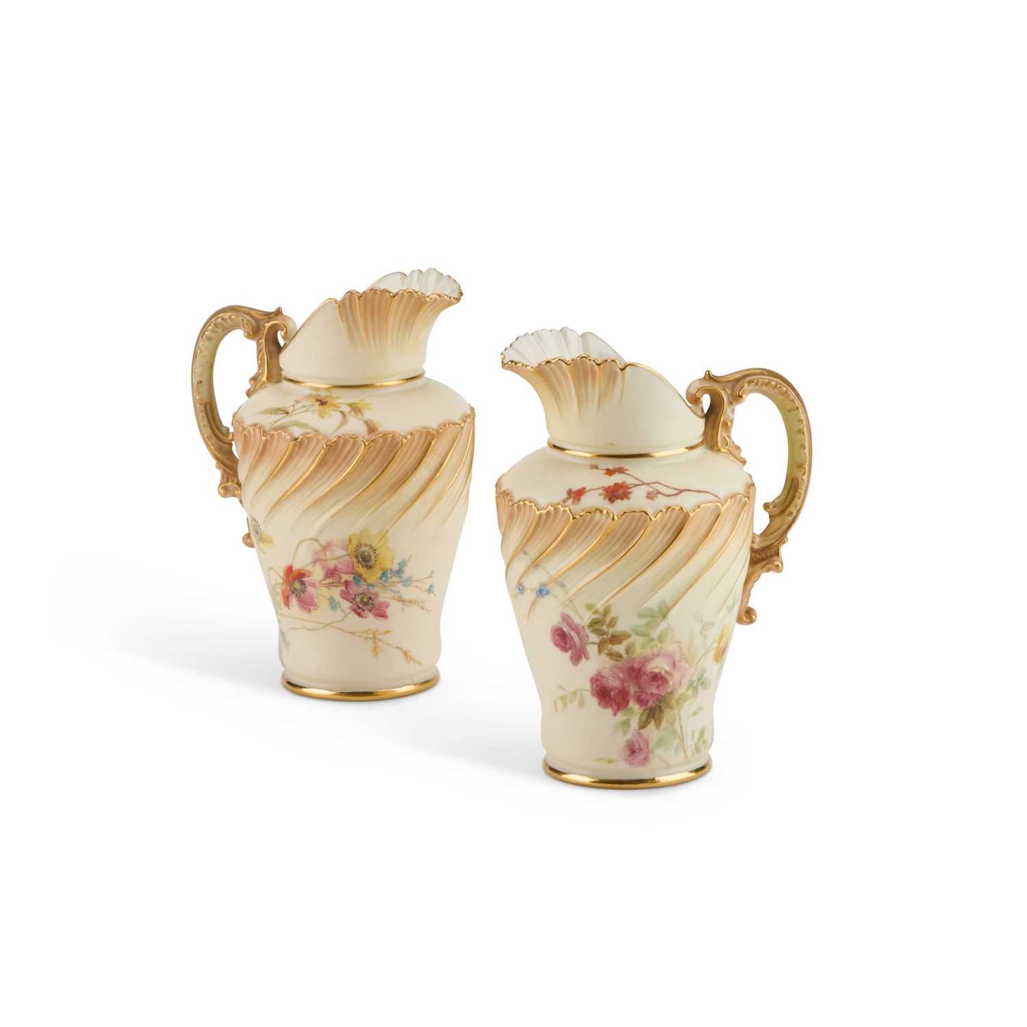 A PAIR OF ROYAL WORCESTER BLUSH IVORY JUGS, DATED 1893