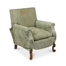 A WALNUT AND UPHOLSTERED ARMCHAIR, STAMPED HOWARD & SONS LTD, LATE 19TH/EARLY 20TH CENTURY